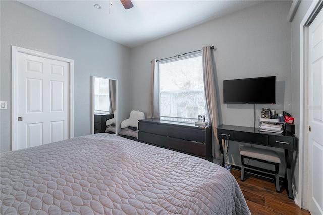 bedroom with dark hardwood / wood-style flooring and ceiling fan