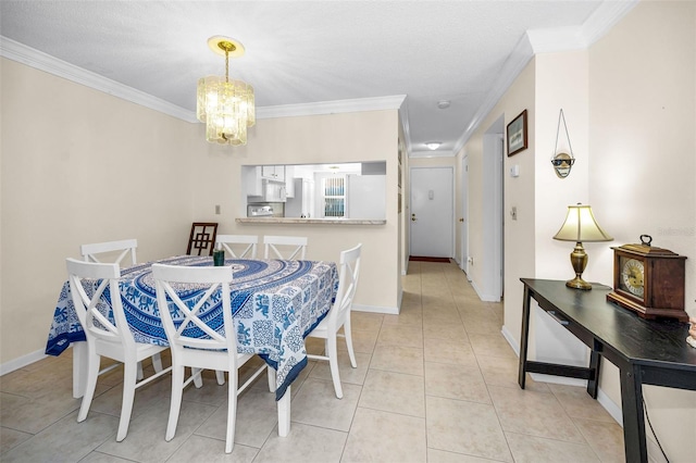 dining room with a chandelier, light tile patterned floors, and crown molding