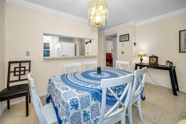 dining room with light tile patterned floors, a textured ceiling, an inviting chandelier, and crown molding