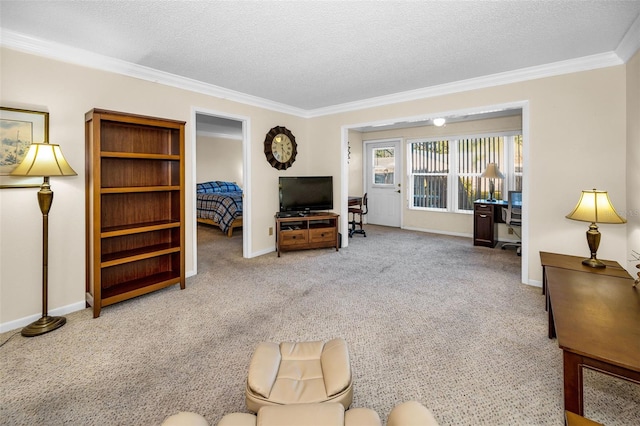 carpeted living room featuring a textured ceiling and crown molding