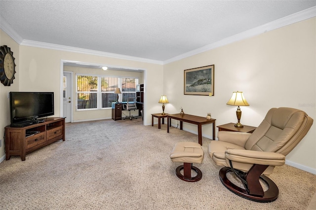 sitting room with carpet flooring, crown molding, and a textured ceiling