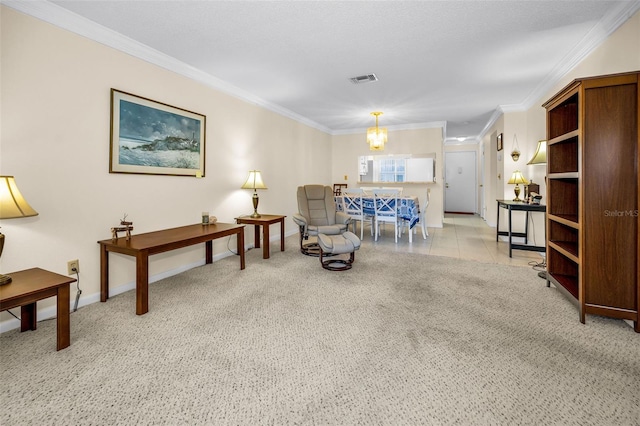 living area featuring crown molding and a notable chandelier