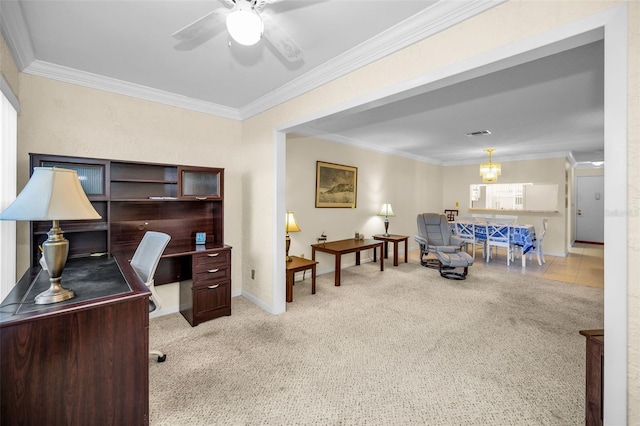 carpeted office featuring crown molding and ceiling fan with notable chandelier