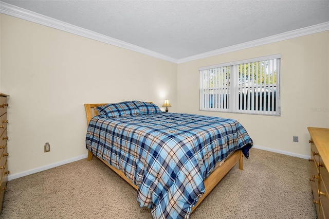 bedroom with crown molding, carpet floors, and a textured ceiling