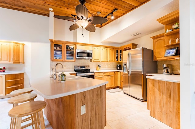 kitchen featuring sink, stainless steel appliances, backsplash, and wood ceiling