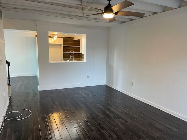 unfurnished room featuring ceiling fan, dark wood-type flooring, and sink