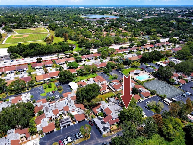 aerial view featuring a water view