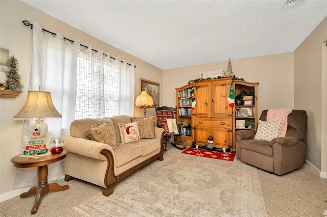 living room featuring carpet flooring and a textured ceiling