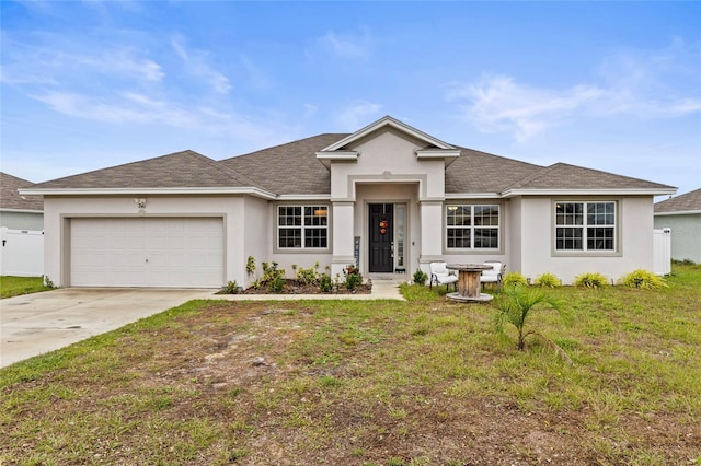 single story home with a garage and a front lawn