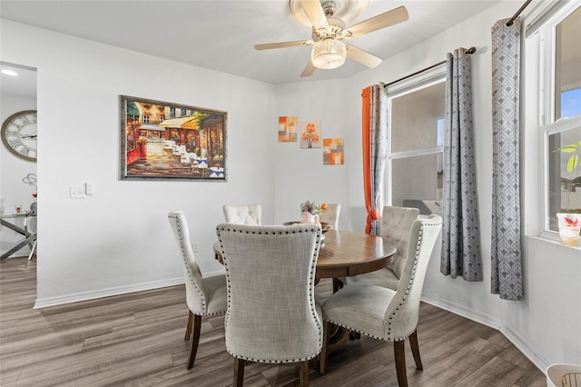 dining space featuring ceiling fan, hardwood / wood-style floors, and a healthy amount of sunlight