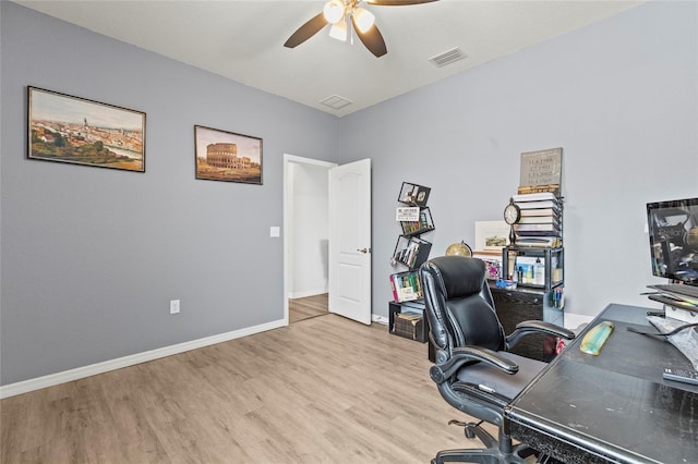 office featuring ceiling fan and light hardwood / wood-style flooring