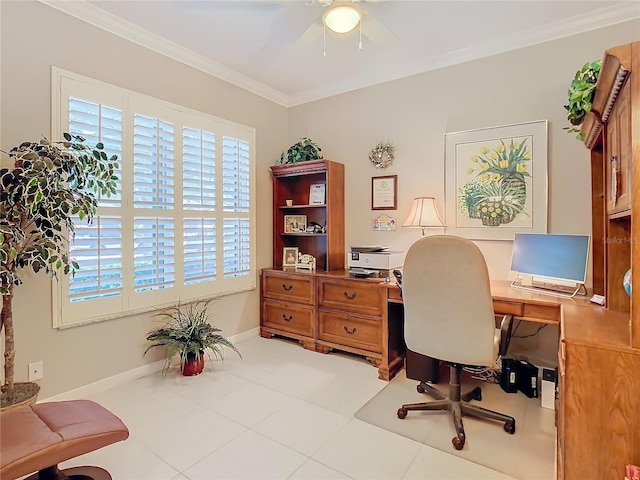 tiled home office featuring ceiling fan and crown molding