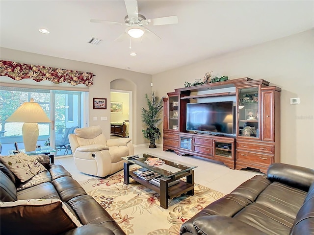 living room featuring ceiling fan