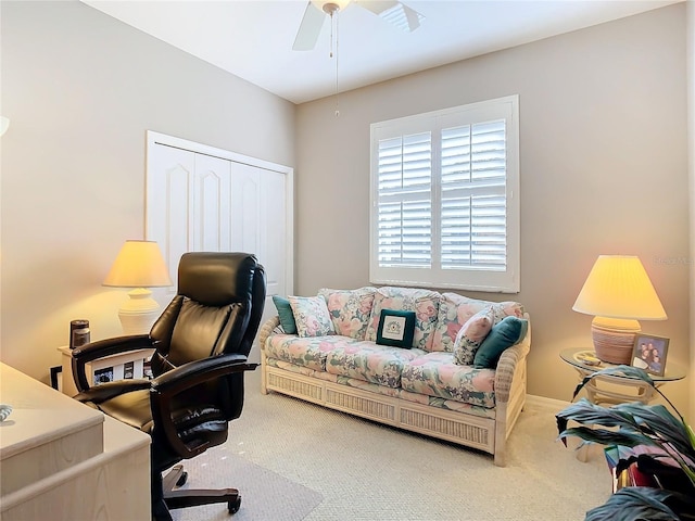 office area with carpet flooring and ceiling fan