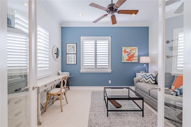 office with ceiling fan, light tile patterned flooring, and crown molding