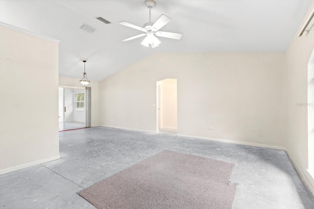 unfurnished room with vaulted ceiling and ceiling fan