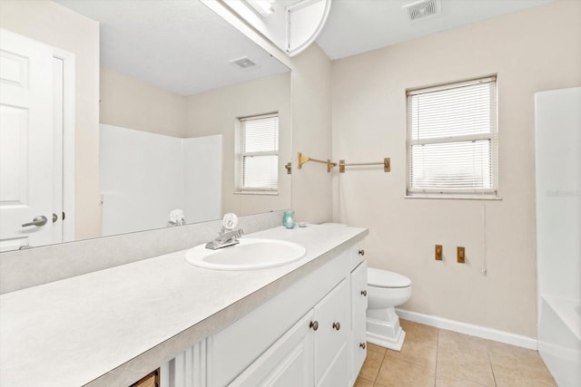 bathroom featuring tile patterned flooring, vanity, toilet, and plenty of natural light