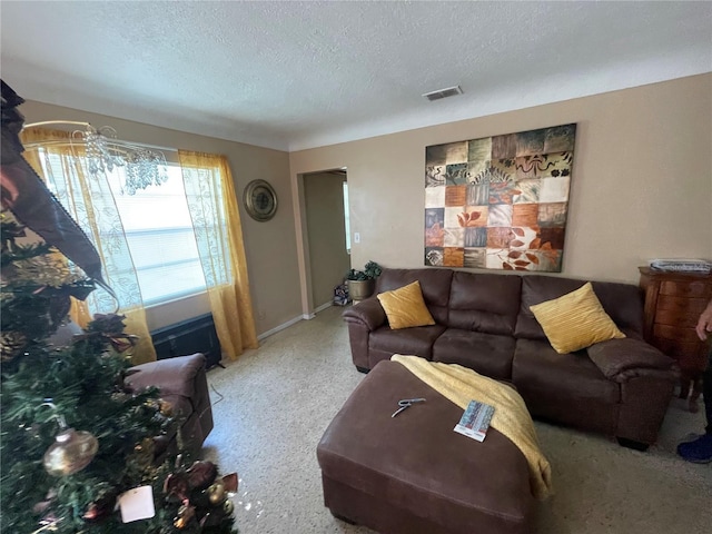 living room featuring a textured ceiling