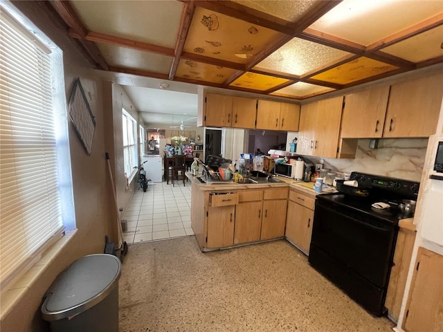 kitchen featuring tasteful backsplash, black range with electric stovetop, kitchen peninsula, and coffered ceiling