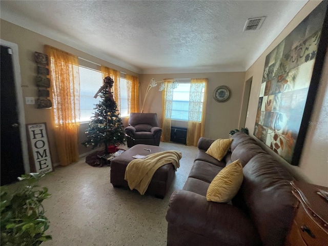 living room featuring a fireplace and a textured ceiling