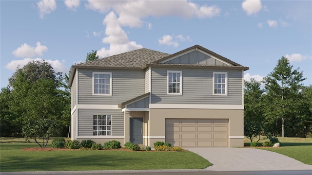 view of front of house with a garage and a front lawn