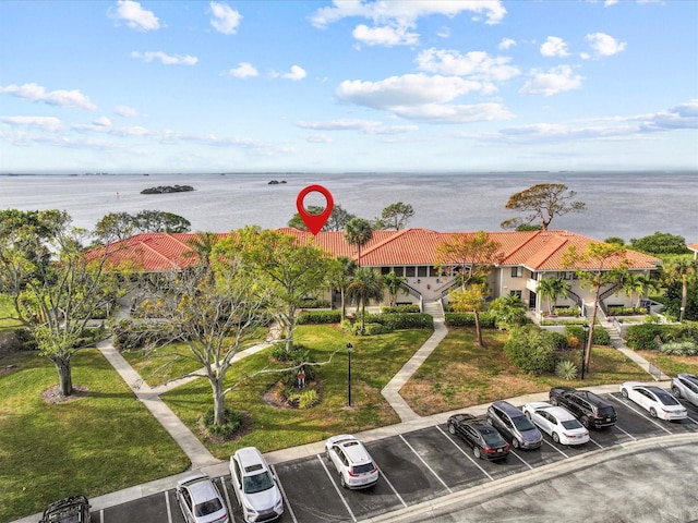 aerial view featuring a water view