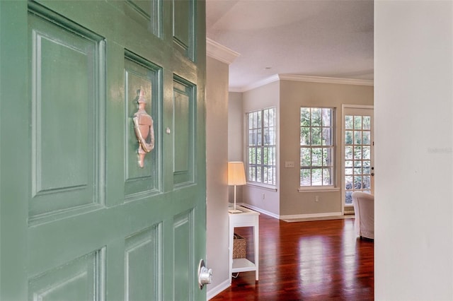 entrance foyer with crown molding and dark wood-type flooring