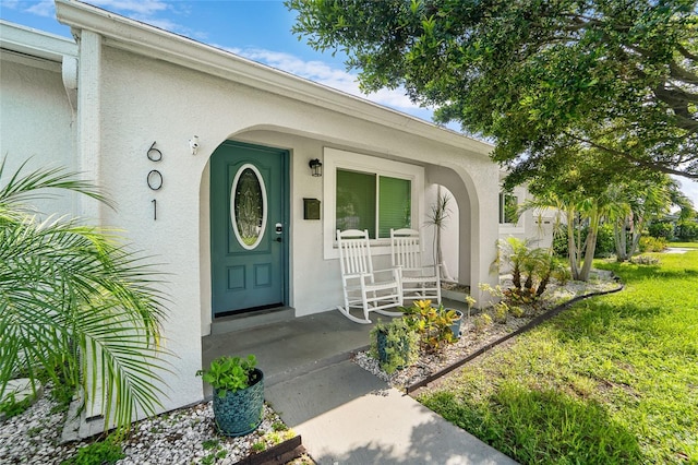 doorway to property featuring covered porch, a yard, and stucco siding