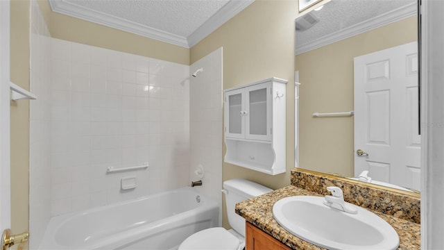 full bathroom with crown molding, vanity, a textured ceiling, and toilet