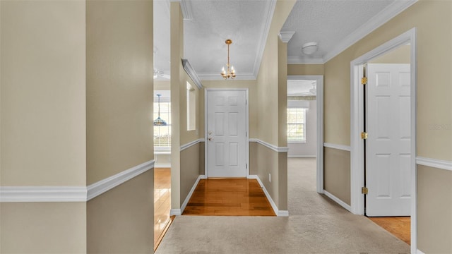 carpeted entryway with a textured ceiling, an inviting chandelier, and ornamental molding