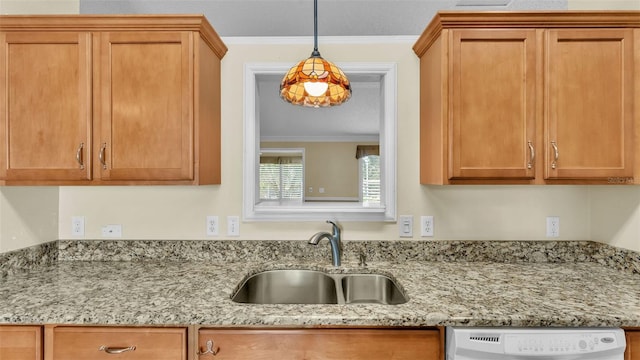 kitchen with light stone countertops, white dishwasher, crown molding, and sink