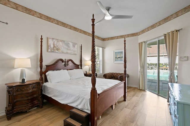 bedroom featuring access to outside, ceiling fan, and light hardwood / wood-style floors