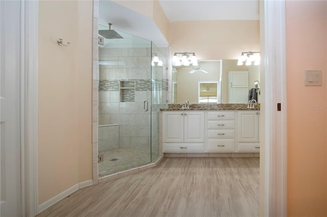 bathroom with vanity, hardwood / wood-style flooring, and a shower with shower door