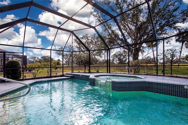 view of pool with an in ground hot tub and glass enclosure