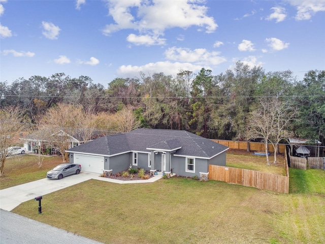 ranch-style house with a front yard and a garage