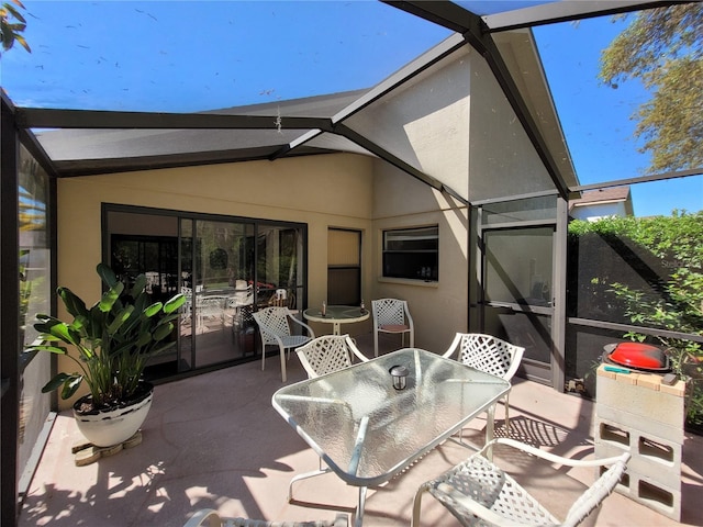 exterior space featuring vaulted ceiling