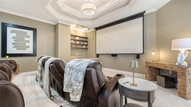 carpeted cinema featuring a raised ceiling and crown molding