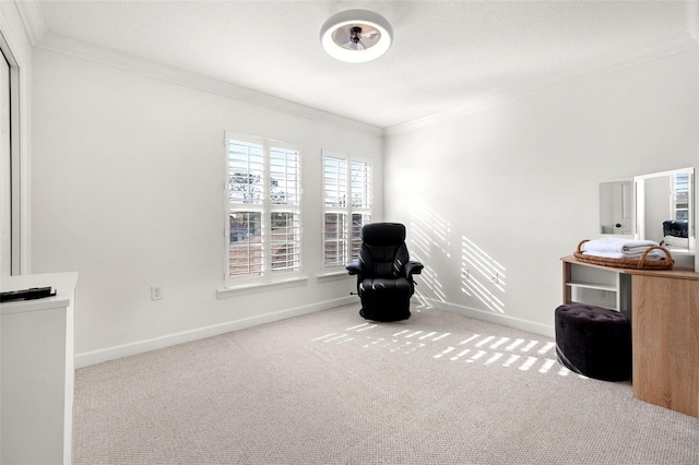 living area with crown molding and light carpet