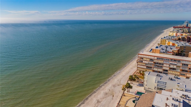 aerial view featuring a water view and a beach view