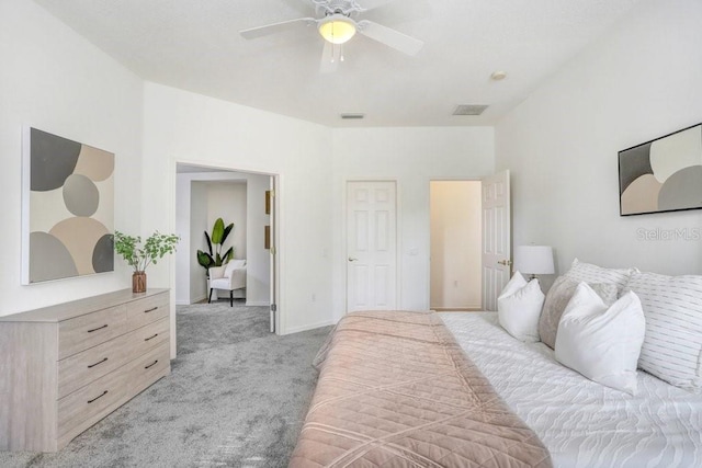 carpeted bedroom featuring ceiling fan