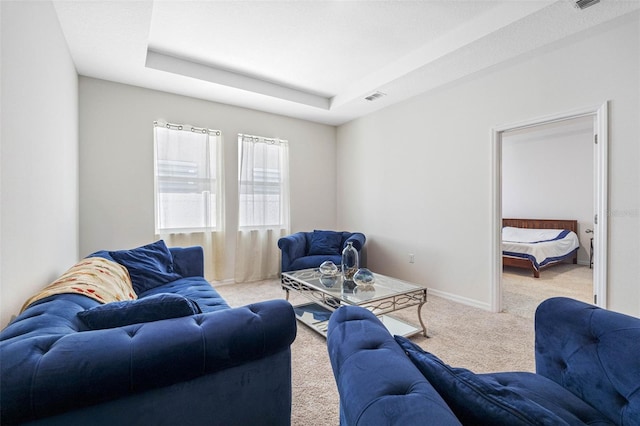 living room featuring a raised ceiling and light colored carpet