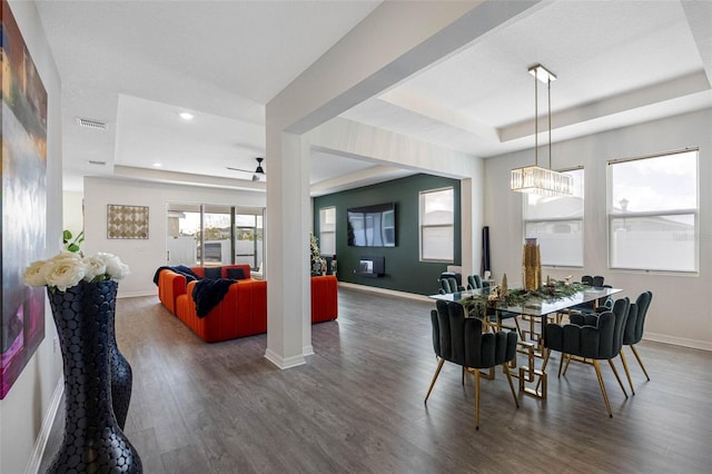 dining room with ceiling fan, a raised ceiling, and dark wood-type flooring