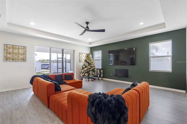 living room with a raised ceiling and light hardwood / wood-style flooring