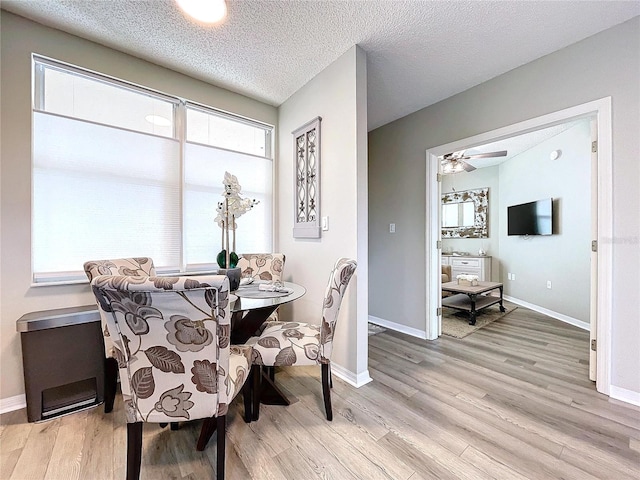 dining room featuring light wood-type flooring, a textured ceiling, ceiling fan, and a healthy amount of sunlight