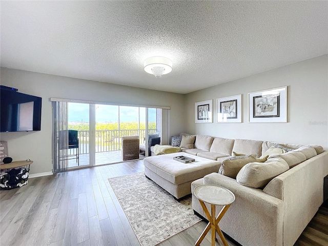 living room featuring wood-type flooring and a textured ceiling