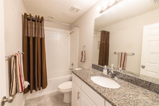 full bathroom with tile patterned floors, shower / bath combination with curtain, toilet, and vanity