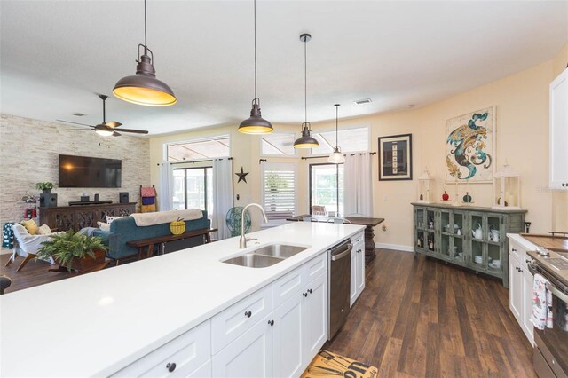 10328 Henderson St, Spring Hill, FL 34608 - kitchen with stainless steel appliances, dark wood-type flooring, sink, decorative light fixtures, and white cabinets