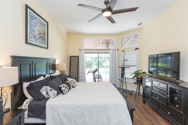 10328 Henderson St, Spring Hill, FL 34608 - bedroom featuring access to exterior, ceiling fan, and dark hardwood / wood-style floors