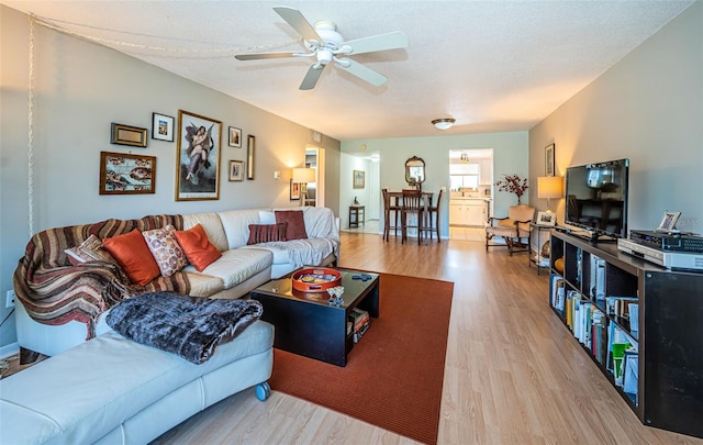 living room featuring ceiling fan, light hardwood / wood-style floors, and a textured ceiling