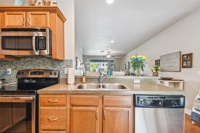 kitchen with appliances with stainless steel finishes, tasteful backsplash, ceiling fan, sink, and wood-type flooring